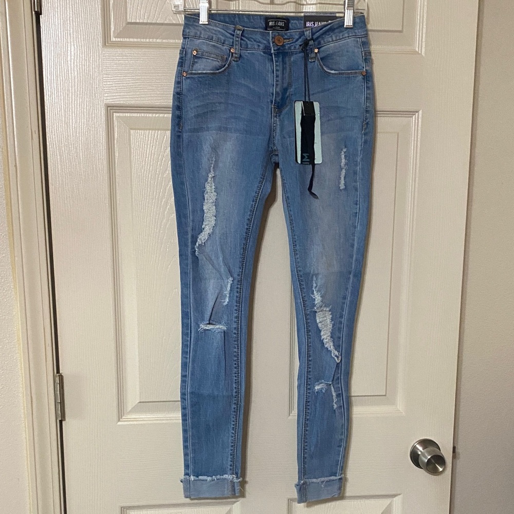 Distressed Light Blue Skinny Jeans - Mid Rise Stretch